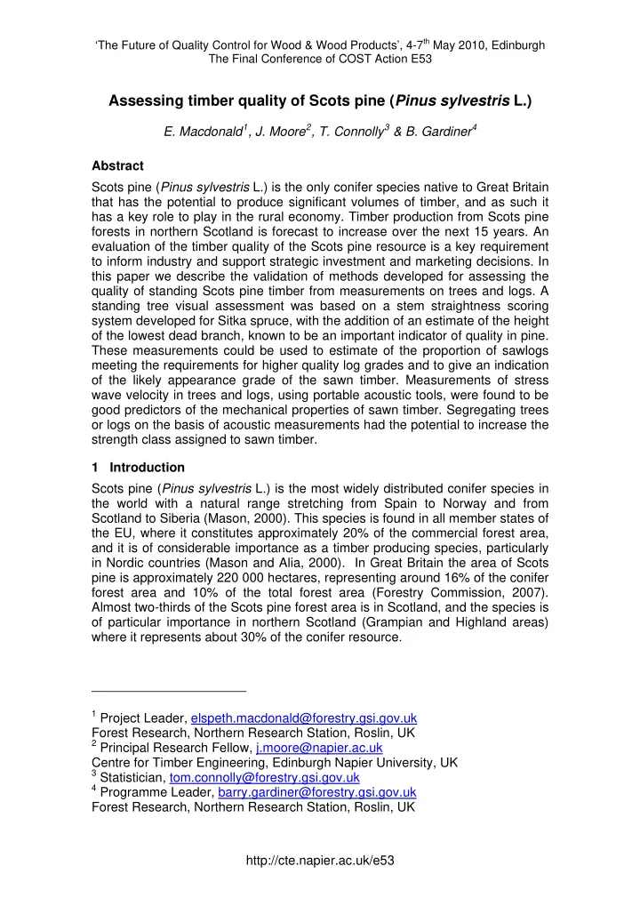 assessing timber quality of scots pine pinus sylvestris l