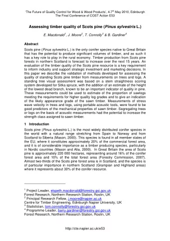 Assessing timber quality of Scots pine ( Pinus sylvestris L.) E. Macdonald 1 , J. Moore 2 , T.