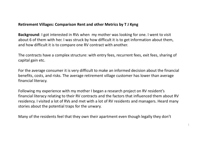 retirement villages comparison rent and other metrics by