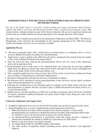 ADMISSIONS POLICY FOR THE NAGLE AUTISM CENTRE IN KILLINA PRESENTATION  SECONDARY SCHOOL.  The aim