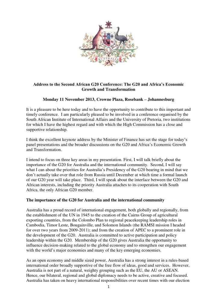 address to the second african g20 conference the g20 and