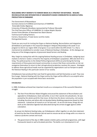 REALIGNING INPUT MARKETS TO FARMER NEEDS AS A STRATEGY ON NATIONAL HEALING RECONCILIATION AND