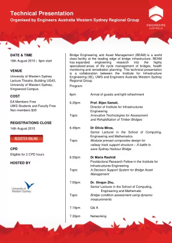 Technical Presentation  Organised by Engineers Australia Western Sydney Regional Group  DATE &amp;