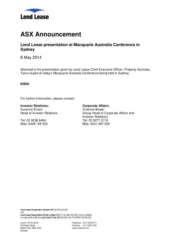 ASX Announcement  Lend Lease presentation at Macquarie Australia Conference in  Sydney  8 May 2014