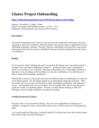 Glance Project Onboarding  https://etherpad.openstack.org/p/SYD-forum-glance-onboarding  Monday,