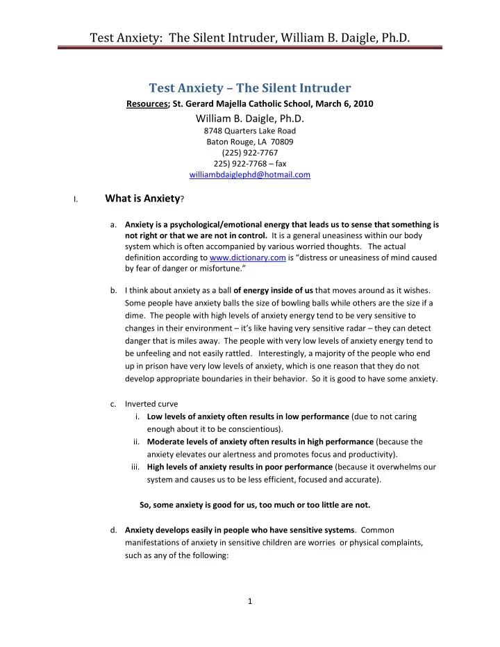 test anxiety the silent intruder william b daigle ph d