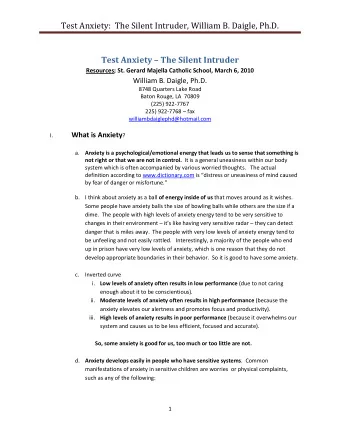 Test Anxiety:  The Silent Intruder, William B. Daigle, Ph.D. Test Anxiety  The Silent Intruder