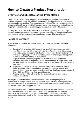 How to Create a Product Presentation  Overview and Objective of the Presentation  Product