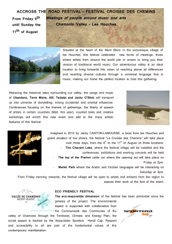 Meetings of people around music and arts  Chamonix Valley  Les Houches  until Sunday the  11th