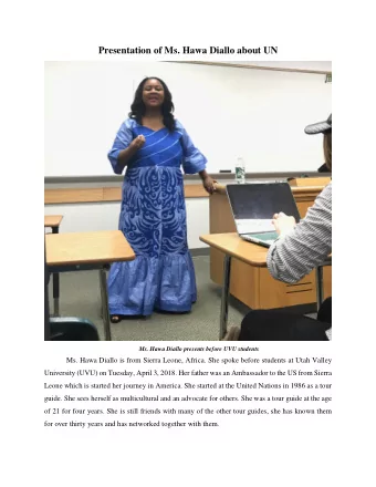 Presentation of Ms. Hawa Diallo about UN  Ms. Hawa Diallo presents before UVU students  Ms. Hawa
