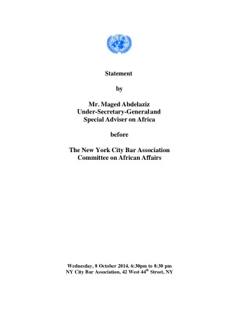 Wednesday, 8 October 2014, 6:30pm to 8:30 pm NY City Bar Association, 42 West 44 th Street, NY