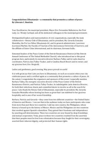 Congratulations Zihuatanejoa community that promotes a culture of peace  By Liberato C. Bautista