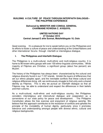 BUILDING  A CULTURE  OF  PEACE THROUGH INTERFAITH DIALOGUE--  THE PHILIPPINE EXPERIENCE  Delivered