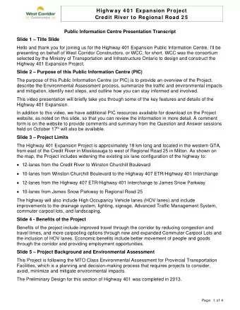 Highw ay 4 0 1  Expansion Project  Credit River to Regional Road 25  Public Information Centre