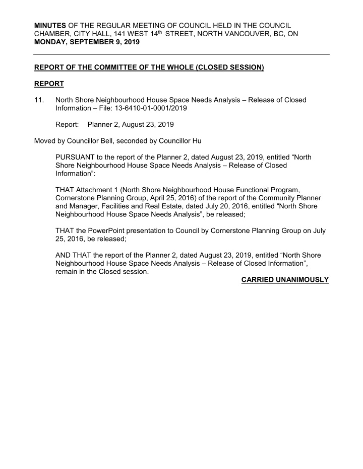 report of the committee of the whole closed session report