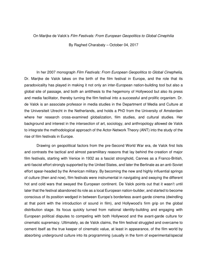 on marijke de valck s film festivals from european