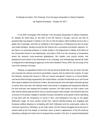 On Marijke de Valcks Film Festivals: From European Geopolitics to Global Cinephilia  By Raghed
