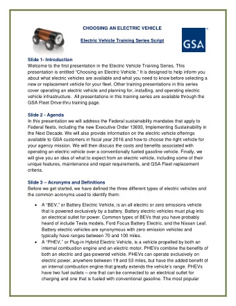 CHOOSING AN ELECTRIC VEHICLE  Electric Vehicle Training Series Script  Slide 1- Introduction