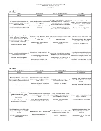 Monday, October 10  2:30-3:30pm  Latrines  Handwashing  WaSH in Healthcare Facilities  Chlorination