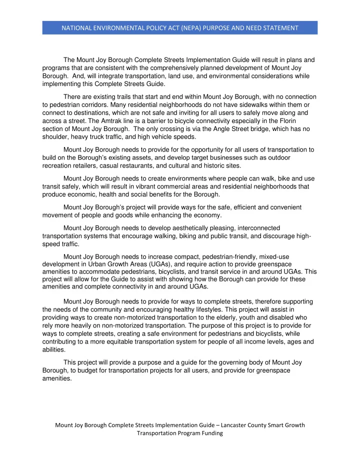 national environmental policy act nepa purpose and need