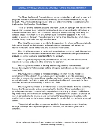 NATIONAL ENVIRONMENTAL POLICY ACT (NEPA) PURPOSE AND NEED STATEMENT  The Mount Joy Borough Complete