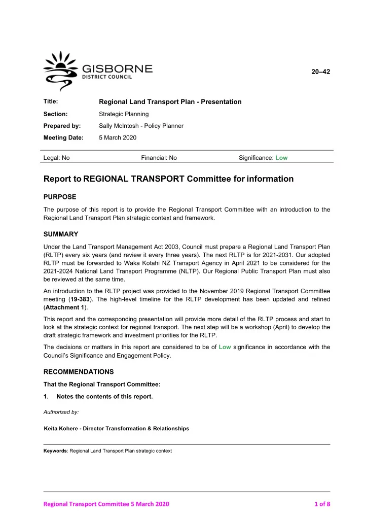 report to regional transport committee for information