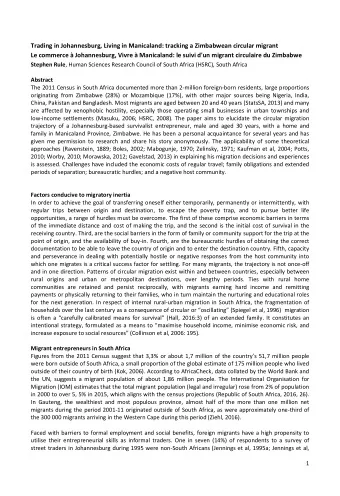 Trading in Johannesburg, Living in Manicaland: tracking a Zimbabwean circular migrant  Le commerce