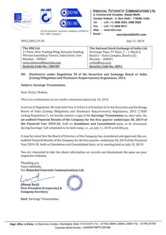 Ld----  (Manoj Baid) Vice-President (Corporate) &amp; Company Secretary Encl: E arnings'