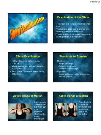 Examination of the Elbow  The elbow is a complex modified hinge  joint  The humero-ulnar