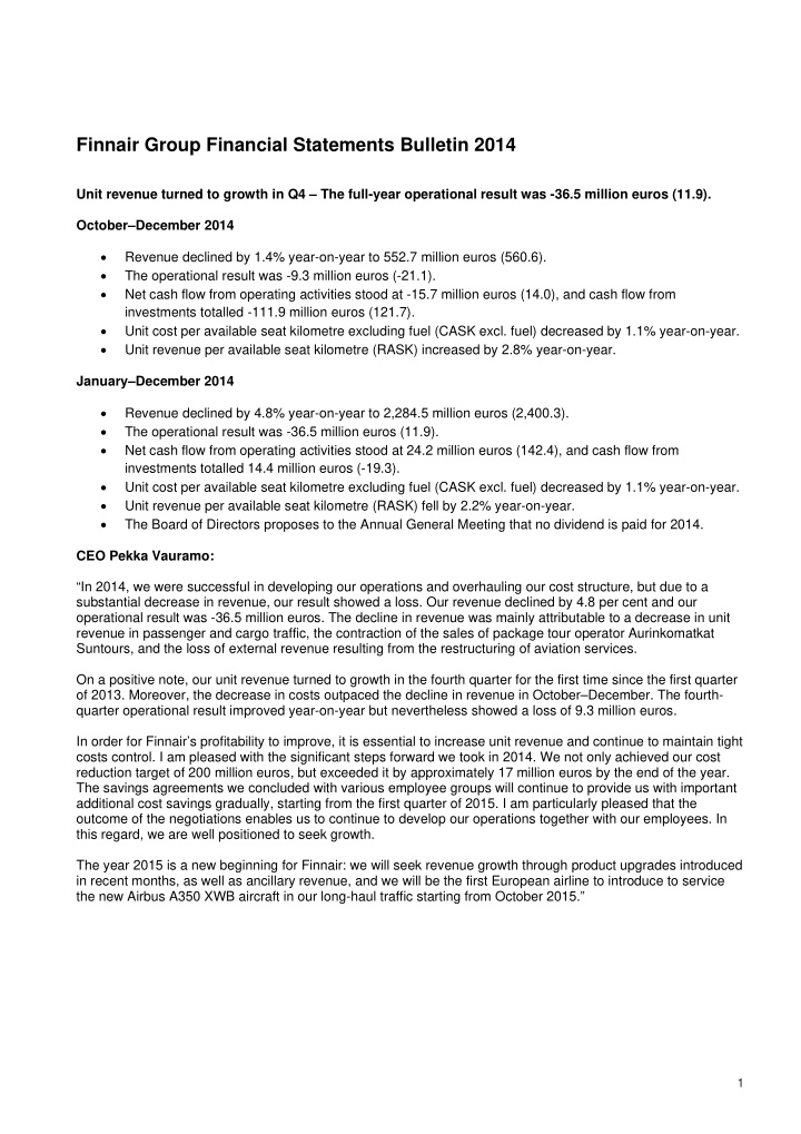 finnair group financial statements bulletin 2014