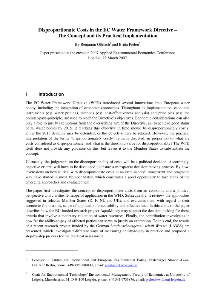 disproportionate costs in the ec water framework