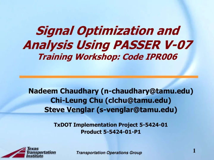 signal optimization and analysis using passer v 07