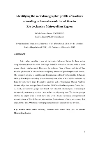 Rio de Janeiro Metropolitan Region  Rafaela Soares Bueno (ENCE/IBGE) Luiz S Lucas (MC15