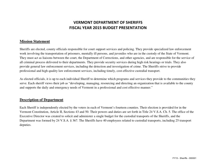 vermont department of sheriffs fiscal year 2015 budget