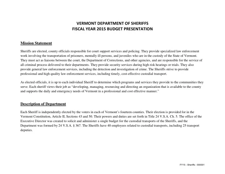 vermont department of sheriffs fiscal year 2015 budget