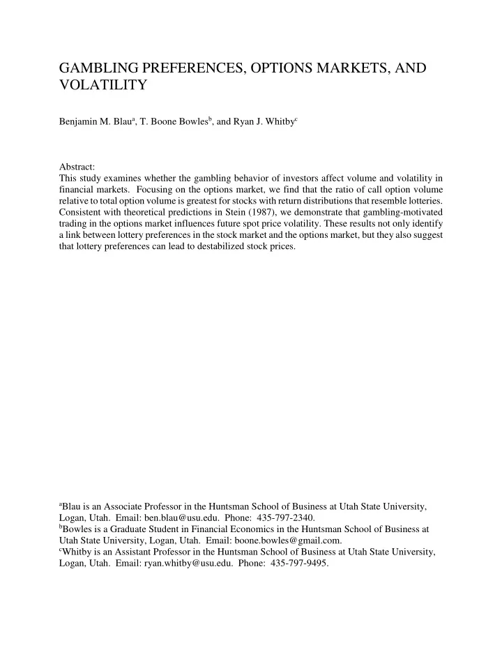 gambling preferences options markets and volatility