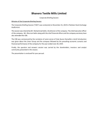 Bhanero Textile Mills Limited  Corporate Briefing Session  Minutes of the Corporate Briefing