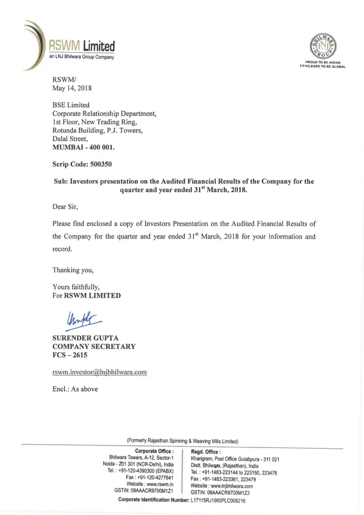an lnj bhilwara group company fy18 performance