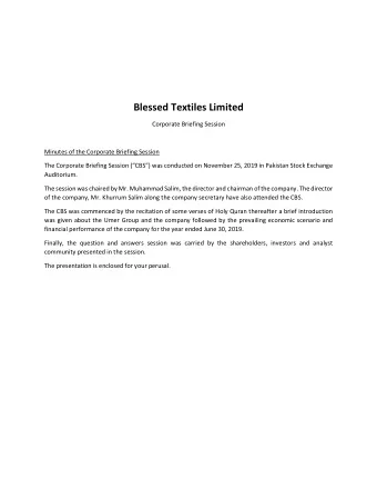 Blessed Textiles Limited  Corporate Briefing Session  Minutes of the Corporate Briefing Session