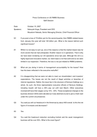 Press Conference on US RMBS Business  Q&amp;A Session  Date:  October 15, 2007  Speakers:  Nobuyuki