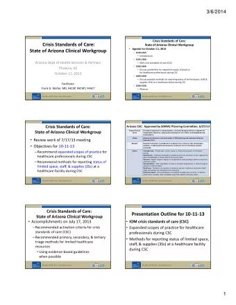 Crisis Standards of Care: State of Arizona Clinical Workgroup  Agenda for October 11, 2013 State