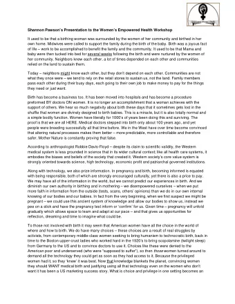 Shannon Pawsons Presentation to the Womens Empowered Health Workshop  It used to be that a