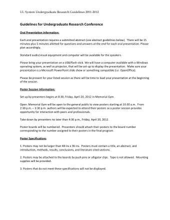 Guidelines for Undergraduate Research Conference  Oral Presentation Information:  Each oral