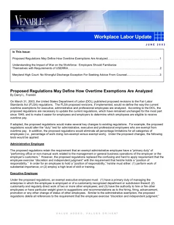 Workplace Labor Update  J U N E  2 0 0 3  In This Issue:  Proposed Regulations May Define How
