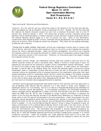 Federal Energy Regulatory Commission  March 15, 2018  Open Commission Meeting  Staff Presentation