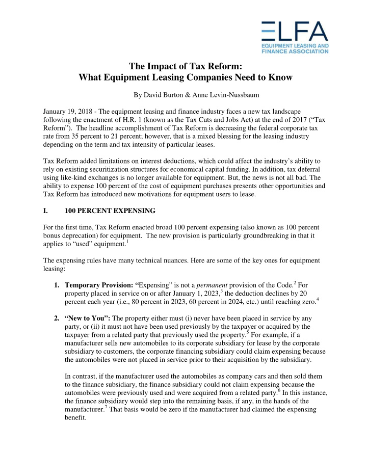 the impact of tax reform what equipment leasing companies