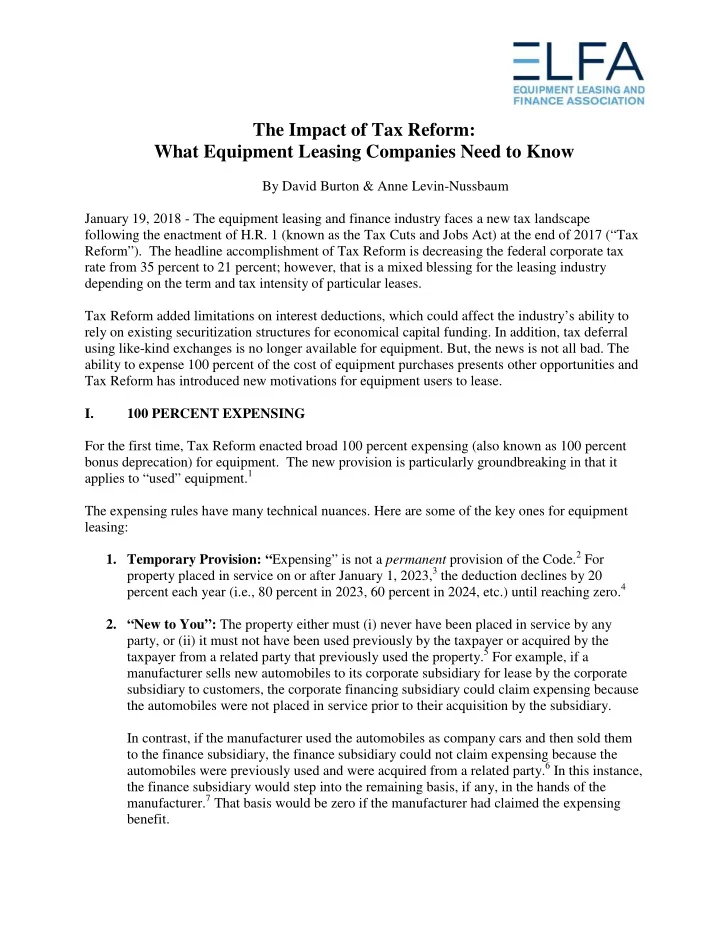 the impact of tax reform what equipment leasing companies