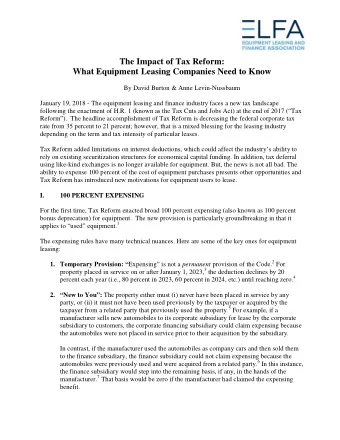 The Impact of Tax Reform:  What Equipment Leasing Companies Need to Know  By David Burton &amp;