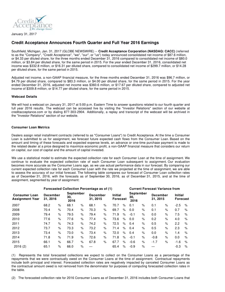 credit acceptance announces fourth quarter and full year