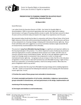 PRESENTATION TO STANDING COMMITTEE ON JUSTICE POLICY  Leilani Farha, Executive Director  24 March